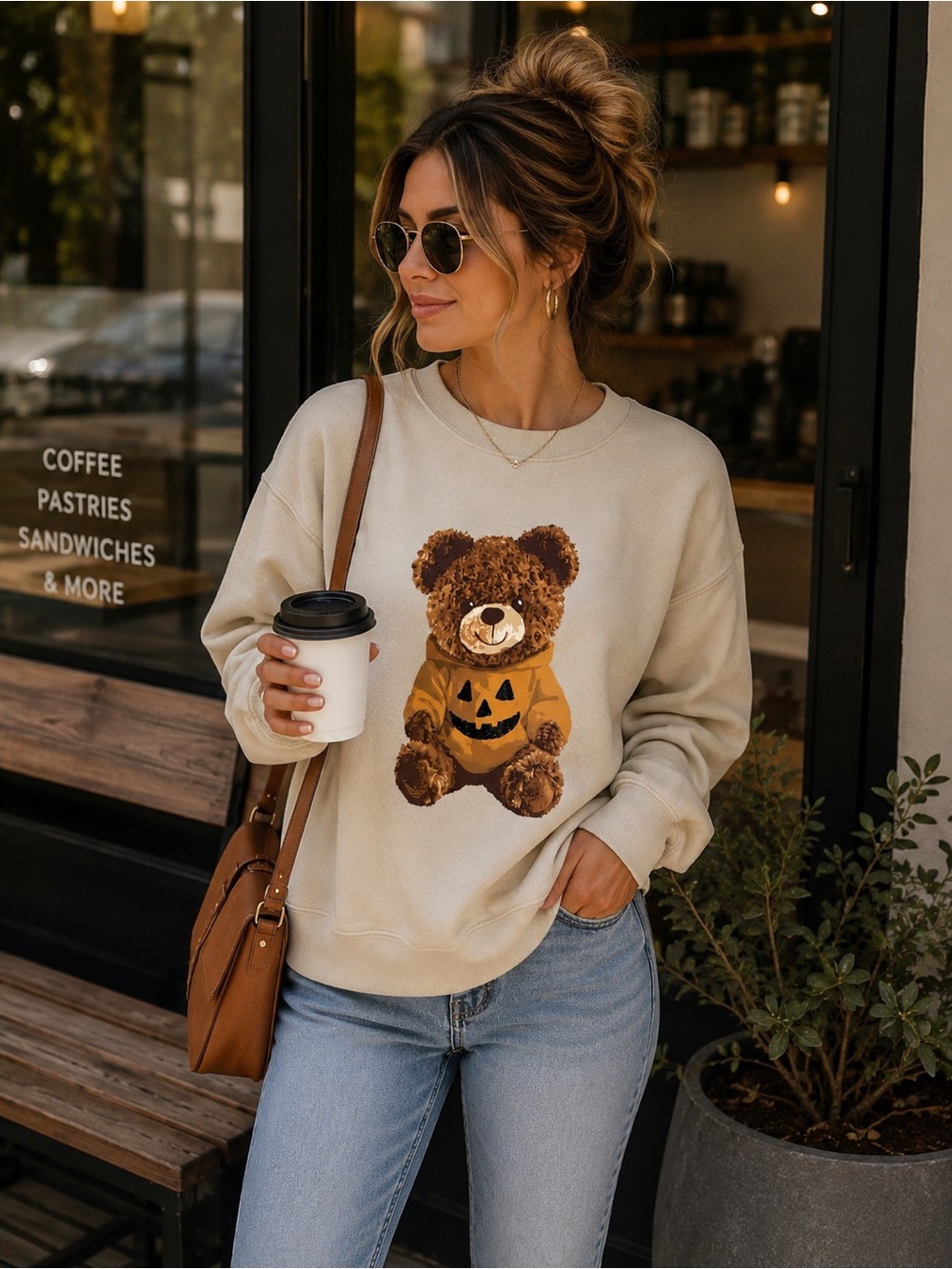 🧸GRAYSON THREADS Cozy Cream/Tan Teddy Pumpkin Fall Sweatshirt - Small